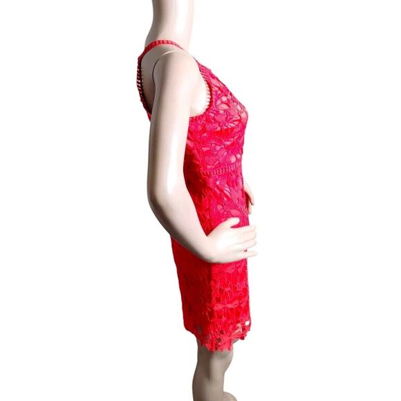 She + Sky Mini Shift Dress‎ Woman's Red Small Crochet Lace Bodycon Form Fitting - Picture 3 of 12